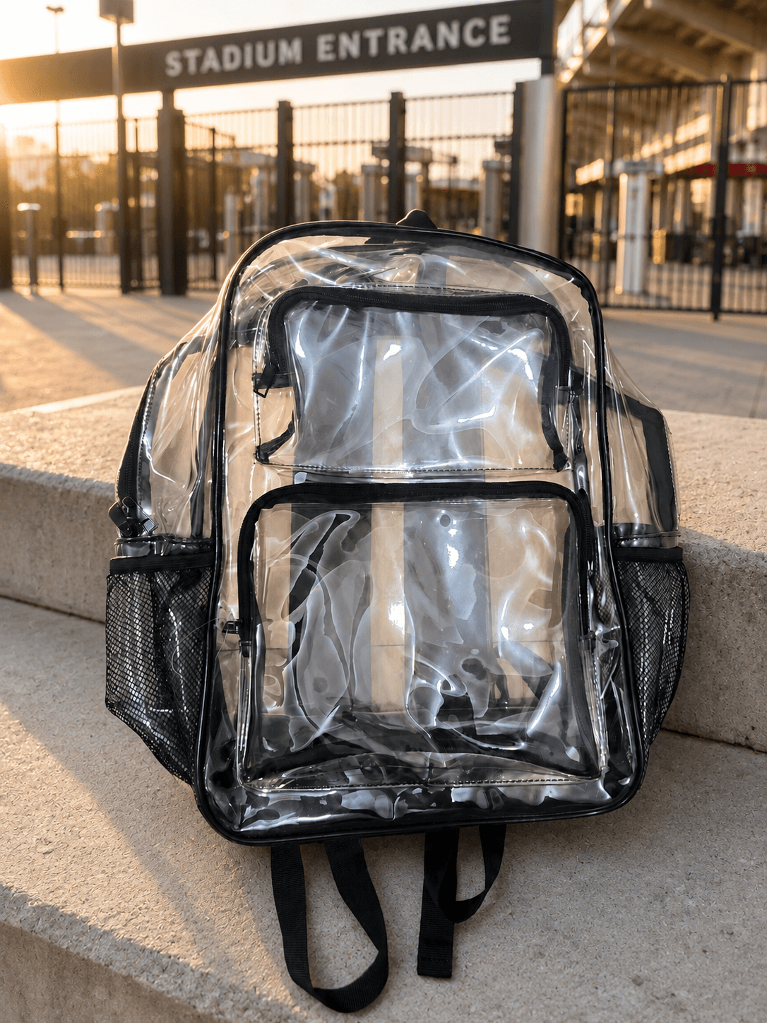 FAYFAY clear backpack at a stadium entrance