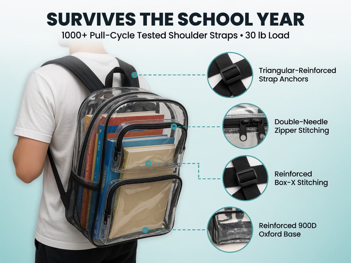 Survives the school year — 1000+ pull-cycle tested shoulder straps, 30 lb load, reinforced stitching callouts