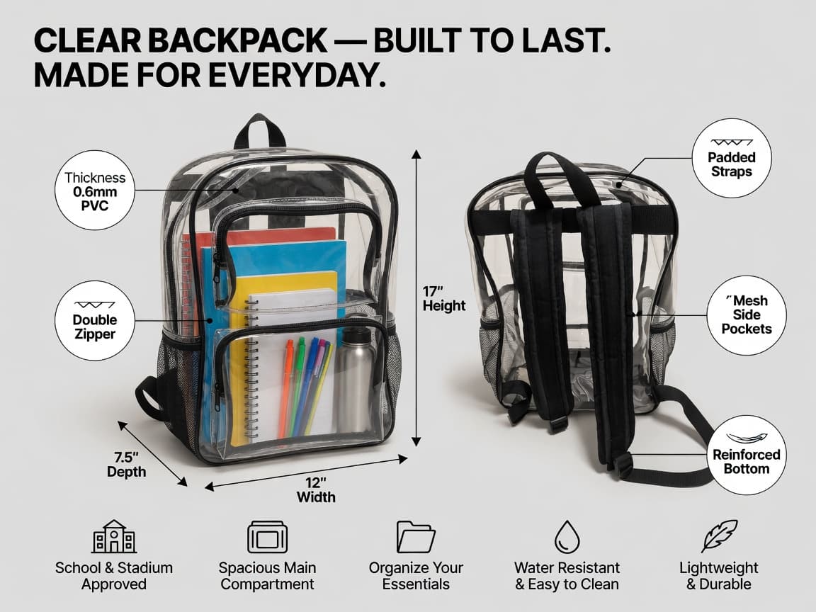 FAYFAY clear backpack feature sheet — dimensions, 0.6mm PVC, double zipper, padded straps, mesh pockets, reinforced bottom