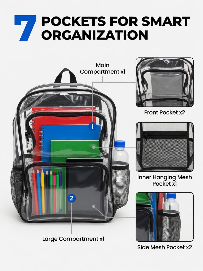 7 pockets for smart organization — front pockets, mesh side pockets, main and large compartments packed with school supplies