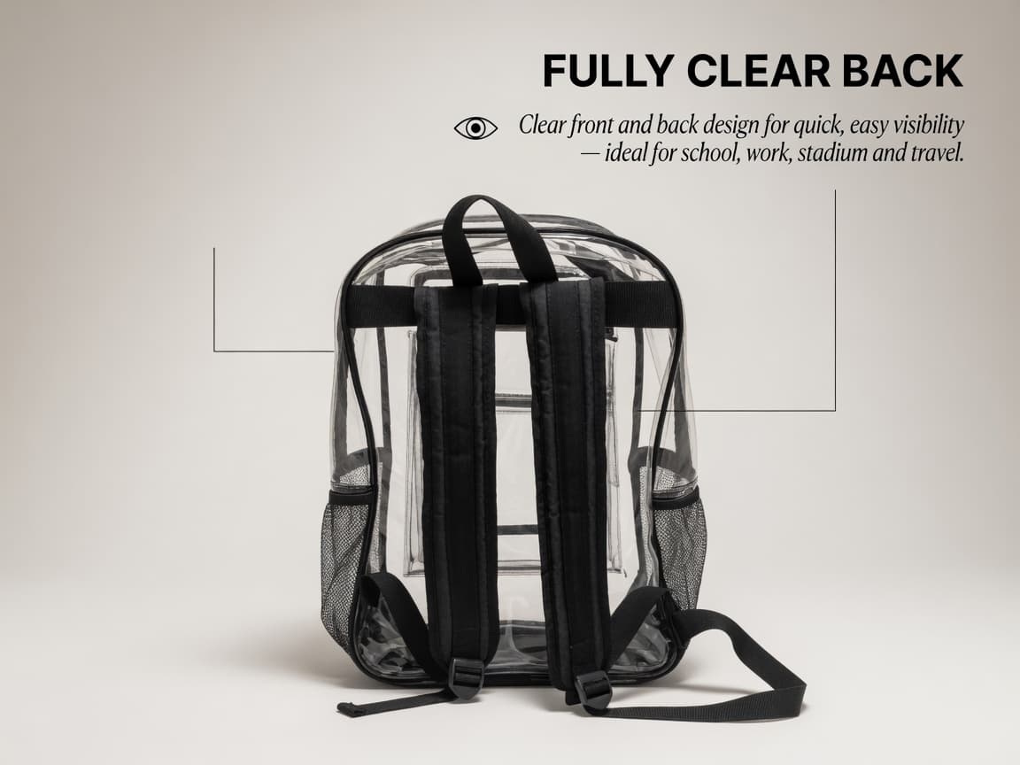Fully clear back panel — clear front and back for quick visibility at school, work, stadium and travel